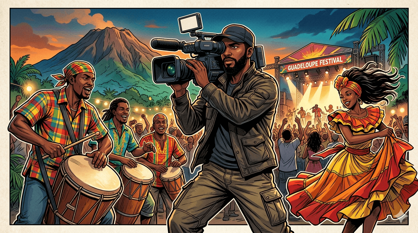 Illustration manga réaliste des industries culturelles en Guadeloupe : un réalisateur filme, des musiciens jouent du gwoka, une danseuse s’élance, avec la Soufrière en arrière-plan.